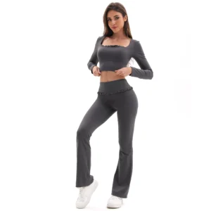 Floral Lace Set High Waist Flare Pants U-Neck Top 4-Way Stretch