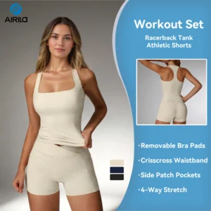 2 Pcs Women's Yoga Set Racerback Workout Outfit Push Up Sportswear Removable Pads Pockets Athletic Wear Butt Lifting